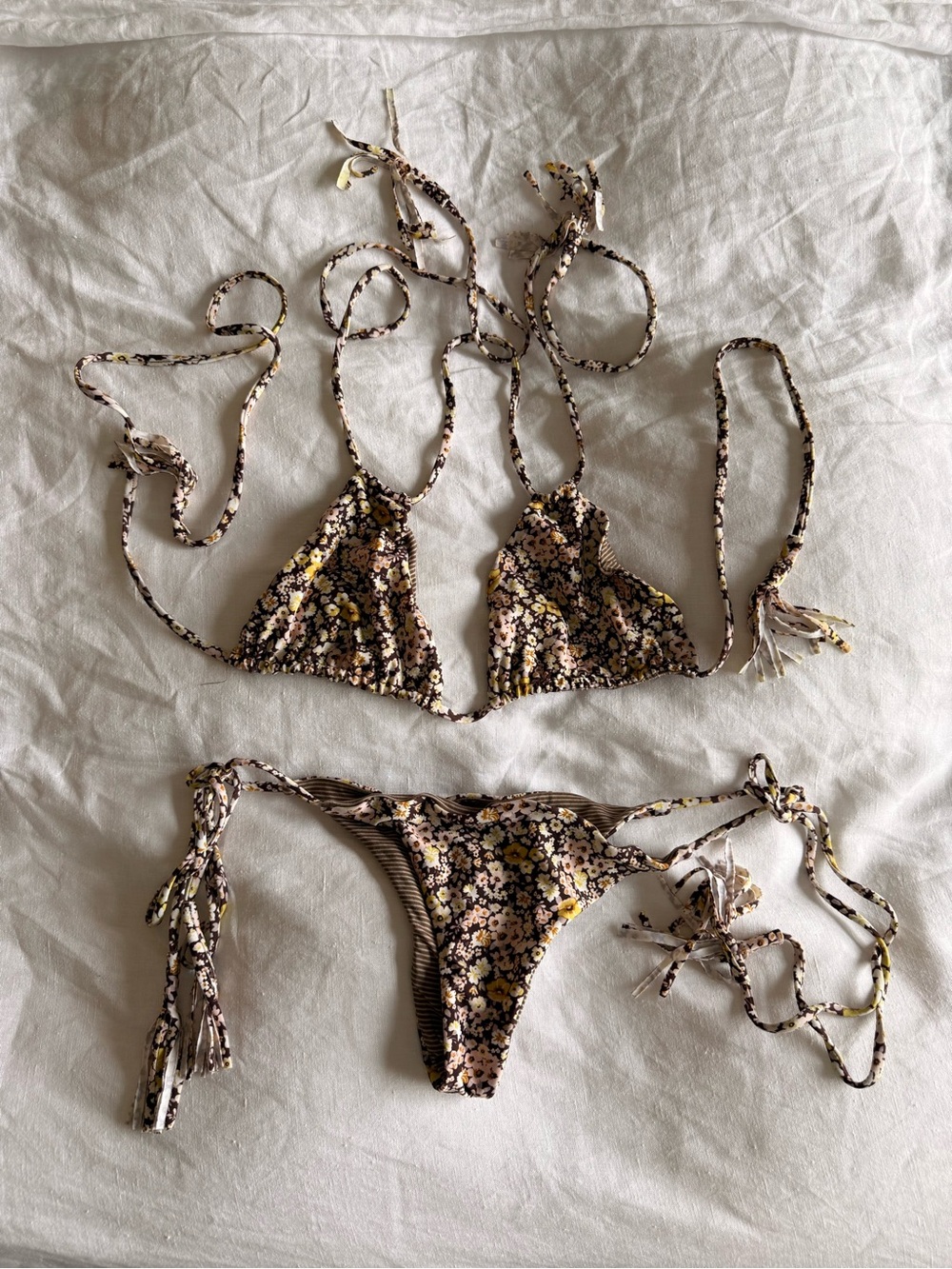 acacia swimwear Floral Triangle String Bikini in Brown, Yellow, Cream